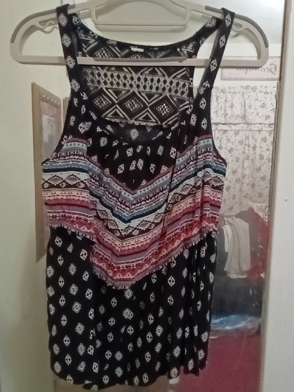 Womens Black Patterned Sleeveless Tank Top with Multicolor Chevron Detail